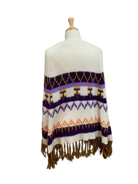 Vntg 70’s Women's White Purple yellow patterned Fringe Poncho Sweater OSFM - Picture 4 of 5